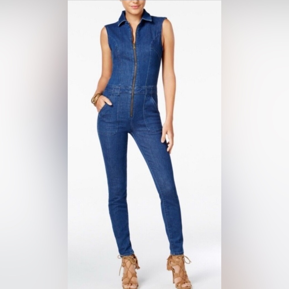 Guess Women’s Denim Zip Front Sleeveless Jumpsuit Size 0 Y2K Moto Utility